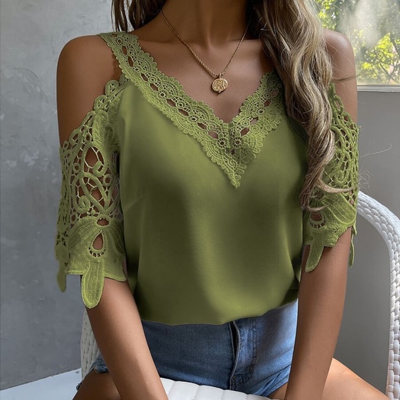 BellanBlue Tops - Bohemian Green Floral Lace Cold Shoulder Blouse